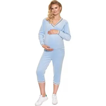 Těhotenská móda Be MaaMaa Těhotenské, kojící velurové pyžamo 3/4 - modré, vel. S/M, S/M