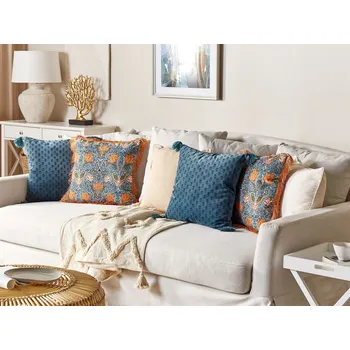 Dekorativní polštář tmavě modrý samet a bavlna 45 x 45 cm geometrický vzor potisk střapce boho dekorace Beliani