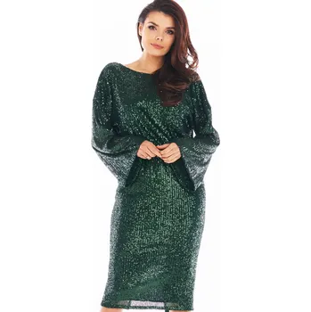 Dámské šaty Flitrové midi šaty s výstřihem do V vzadu A402 Barva: Zelená, Velikost: L/XL