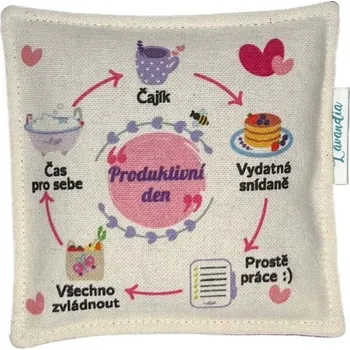 Lavandia Levandulový podšálek Produktivní den (Lavandia Levandulová farma Levandulový podšálek. Aromatický podtácek naplněný květem BIO levandule lékařské na látce z plně recyklované bavlny. Motiv Produktivní den.)