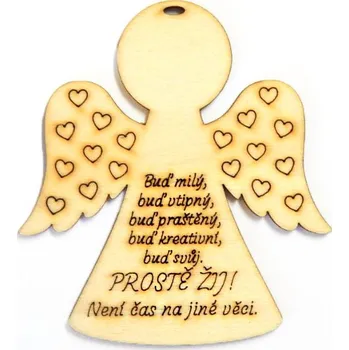 Dřevěné výřezy, anděl s nápisem, Buď milý, buď vtipný..., 7.5 x 8 cm, 1ks