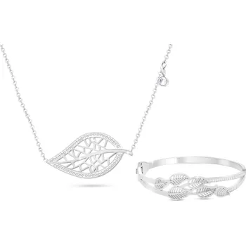 Souprava šperků biju Set z chirurgické oceli, lístek ozdobený zirkony, řetízek + pevný náramek 236