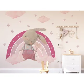 Samolepící dekorace DEKORACJAN Nálepka na zeď - Králíček s duhou barva: růžová