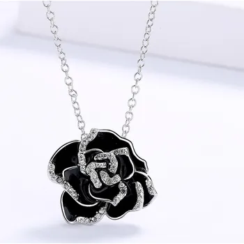 Náhrdelník B-TOP Postříbřený náhrdelník se smaltovaným přívěskem Černý květ