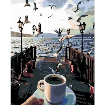 Malování podle čísel - Šálek kávy a rackové nad mořem, 40x50 cm, bez rámu a bez vypnutí plátna