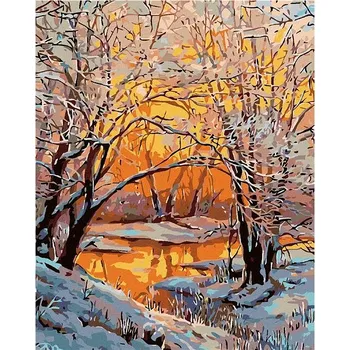 Malování podle čísel - Zasněžená řeka, 40x50 cm, bez rámu a bez vypnutí plátna