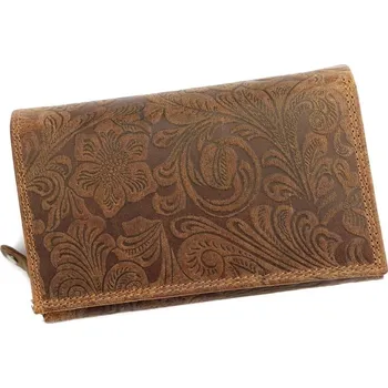 Hnědá kožená peněženka Wild by Loranzo no. 644 s ornamenty květin
