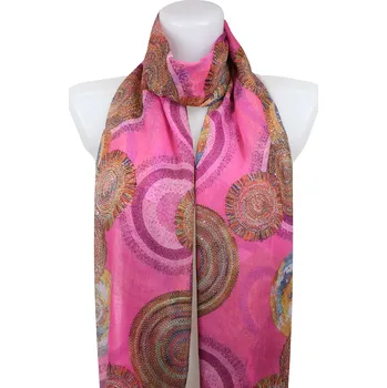 Šátek Dámský lehký obdélníkový šál 31110, kolečka se zlatou nitkou - růžové barvy 7200601