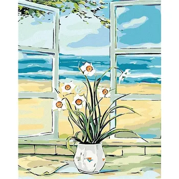 Malování podle čísel - Narcis v okně u pláže, 40x50 cm, bez rámu a bez vypnutí plátna
