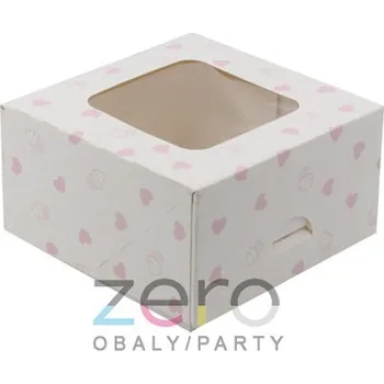 Jednorázové nádobí Krabice dortová s okýnkem 130 x 130 x 70 mm - bílá se srdíčky