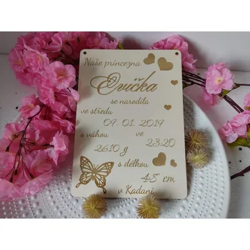 Dřevěná hračka Cedulka s porodními údaji o miminku
