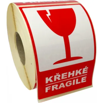 KŘEHKÉ - FRAGILE lakovaná papírová samolepka role 500ks 120x80 mm