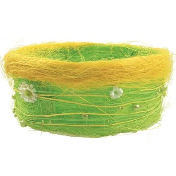 Velikonoční dekorace Jarní košíček ze sisalu s kopretinkami a perličkami 18cm 8053