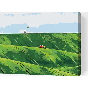 Malování podle čísel - Červené auto v kopcích Velikost: 30x40cm, Rámování: Pouze srolované plátno
