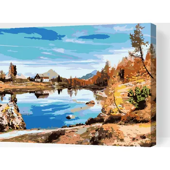 Malování podle čísel - Chata u jezera Velikost: 30x40cm, Rámování: Pouze srolované plátno