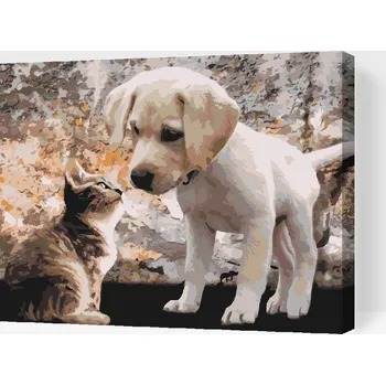 Malování podle čísel - Štěně a kotě Velikost: 30x40cm, Rámování: Pouze srolované plátno