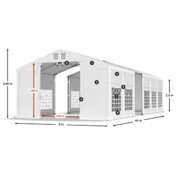 Zahradní stan Párty stan 8x40x2,5m střecha PVC 620g/m2 boky PVC 620g/m2 konstrukce ZIMA PLUS Šedá Bílá Šedá