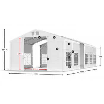 Zahradní stan Párty stan 5x30x3m střecha PVC 620g/m2 boky PVC 620g/m2 konstrukce ZIMA PLUS Šedá Bílá Šedá