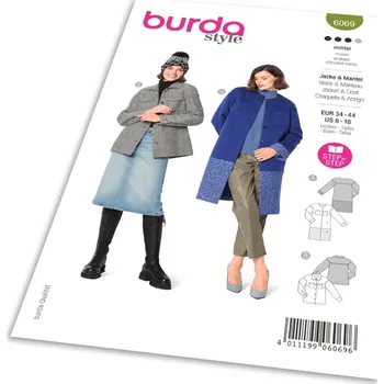 Střih Burda 6069 - Kabát bez límce s barevnými bloky, sako