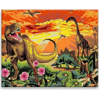 Malování podle čísel - Dinosauři při západu slunce - 50x40 cm, bez dřevěného rámu - CZ výroba
