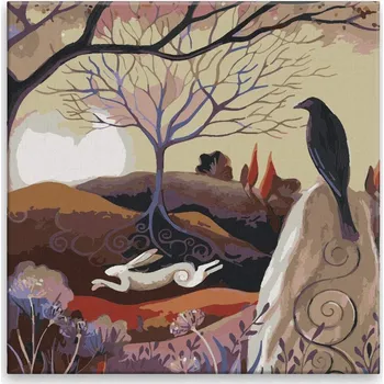 Malování podle čísel - Běžící zajíc a černá vrána - 40x40 cm, bez dřevěného rámu - CZ výroba