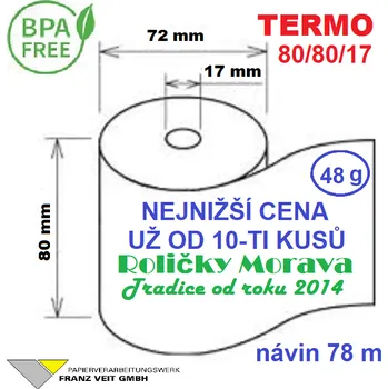 Kotouček do pokladny a tiskárny štítků Termo kotouček 80/80/17 BPA 78m (80mm x 78m) Množství: 1 ks kotoučku