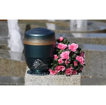 Smuteční dekorace Urna hliníková zelená se zlatým pruhem