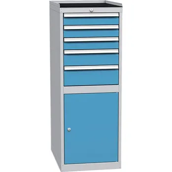 Zásuvková dílenská skříňka, 1 x skříňka, 5 x zásuvka, v x š x h: 1350 x 500 x 700 mm, barva šedá RAL7035/ modrá RAL5012