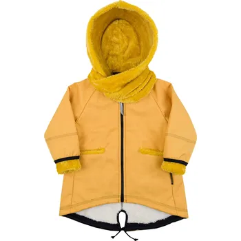 Kojenecká bunda žlutý softshellový kabátek s kapucí a šálou