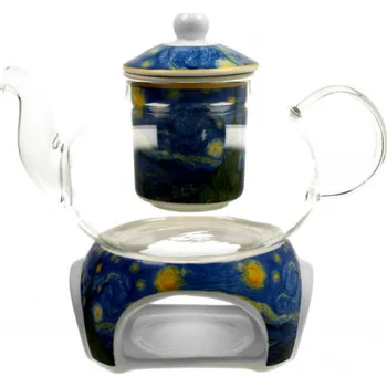 Filtrační konvice DUO Gifts DG - Skleněná konvice s ohřívačem na čajovou svíčku V. van Gogh STARRY NIGHT v dárkové krabičce - 1000 ML