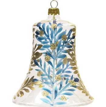 Vánoční dekorace Zvon 10,5 cm čirý dekor modré a bronzové větvičky