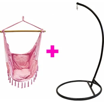 Křeslo IWHOME Závěsné křeslo DIONA s třásněmi starorůžová + stojan ERIS černá IWH-10190013 + IWH-10260002
