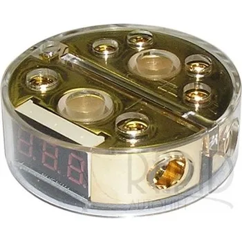 Zesilovač do auta Rozvodný blok kapacitoru s digitálním voltmetrem DLS DVM Power Block ( Rozvodný blok s věstavěným digitálním voltmetrem, primárně určený pro montáž na kapacitor )