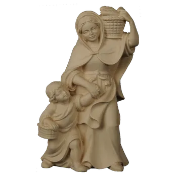 Vánoce Ornatis Žena s dítětem a ošatkou Provedení: Přírodní bez malování, Velikost stojících figur dospělých postav: 10 cm Dřevěná vyřezávaná postava ženy s dítětem a ošatkou