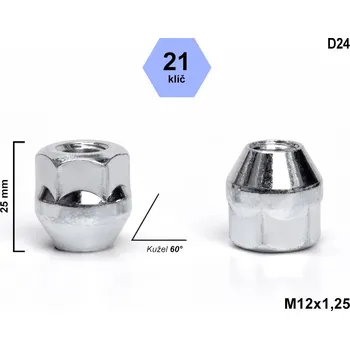 Matice na kolo Kolová matice M12x1,25 kužel, otevřená, klíč 21, D24, výška 25 mm
