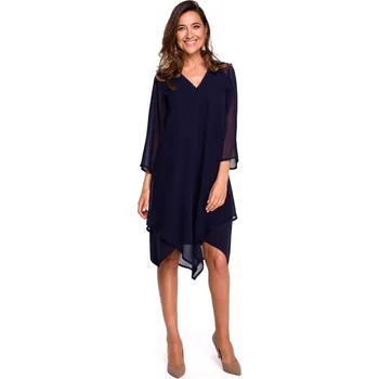 Dámské šaty S159 Šifonové šaty s asymetrickým lemem - tmavě modré EU S