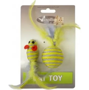Hračka pro kočku Hračka pro kočky - Myš pruhovaná 5 cm a míček pruhovaný 4 cm s peřím na kartě