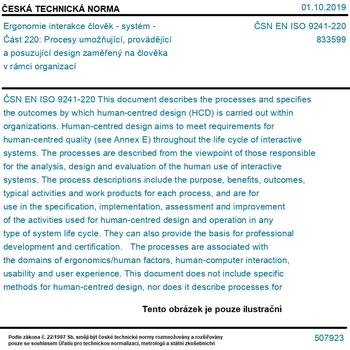 ČSN EN ISO 9241-220 - Ergonomie interakce člověk - systém - Část 220: Procesy umožňující, provádějící a posuzující design zaměřený na člověka v rámci organizací - Tisk