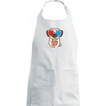 Kuchyňská zástěra Mops a 3D brýle - Dámská zástěra na vaření - Univerzální velikost ( Bílá )