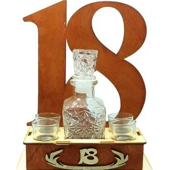 Žertovný předmět Dřevěný stojan s lahvičkou a štamprlíčkami s věkem 18