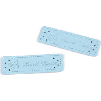 Štítek z eko kůže- Hand made 390598, 15x50 mm, světle modrý