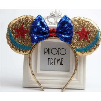 Minnie Mouse Flitrované dětské čelenky s ouškama a mašlí Barva: zlaté uši, modrá mašle