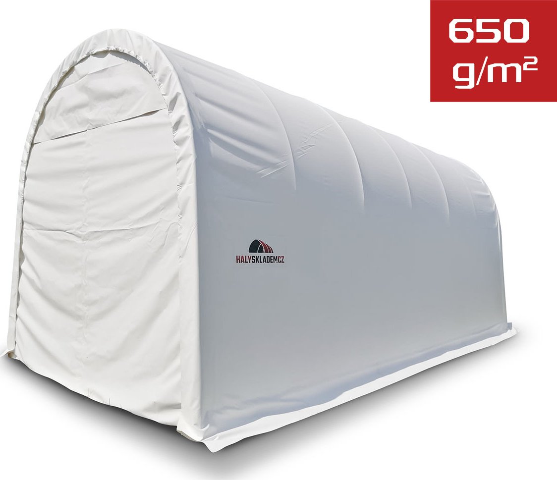 Plachtová garáž na karavan / obytné auto, Š 4,3 × D 9,2 × V 4,3 m, 650 g/m2, bílá Expedice do 24 hodin