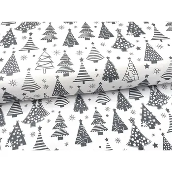 Mirtex Plátno DOMESTINO 120/ 22042-2 Vánoční stromky šedé na bílé šíře 160cm Velkoobchod Ceník: VELKOOBCHOD: po celých rolích, bez odvíjení