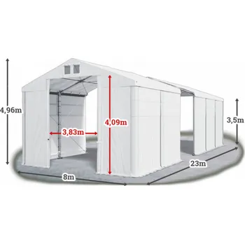 Zahradní stan Skladový stan 8x23x3,5m střecha PVC 580g/m2 boky PVC 500g/m2 konstrukce ZIMA PLUS Bílá Bílá Bílá