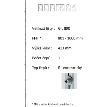 Stavební výplň Lišta převodu ROTO NX - konstantní Typ / Výška křídla / Počet čepů: Gr. 890 / 801-1000 / 1, Typ čepu: E - excentrický