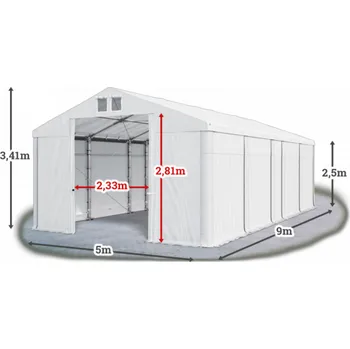 Zahradní stan Skladový stan 5x9x2,5m střecha PVC 580g/m2 boky PVC 500g/m2 konstrukce ZIMA PLUS Bílá Bílá Bílá