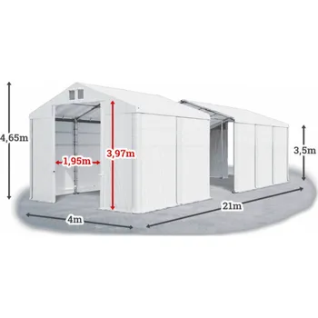 Zahradní stan Skladový stan 4x21x3,5m střecha PVC 580g/m2 boky PVC 500g/m2 konstrukce ZIMA Bílá Bílá Bílá