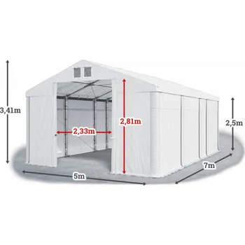 Zahradní stan Skladový stan 5x7x2,5m střecha PVC 580g/m2 boky PVC 500g/m2 konstrukce ZIMA PLUS Bílá Bílá Bílá