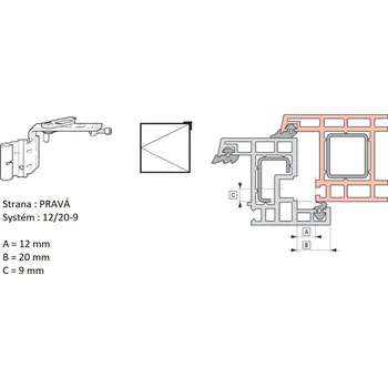 Příslušenství k oknu Pant otevíravých křídel - rámový díl ROTO NT Systém: 12/20-9, Strana: Pravá